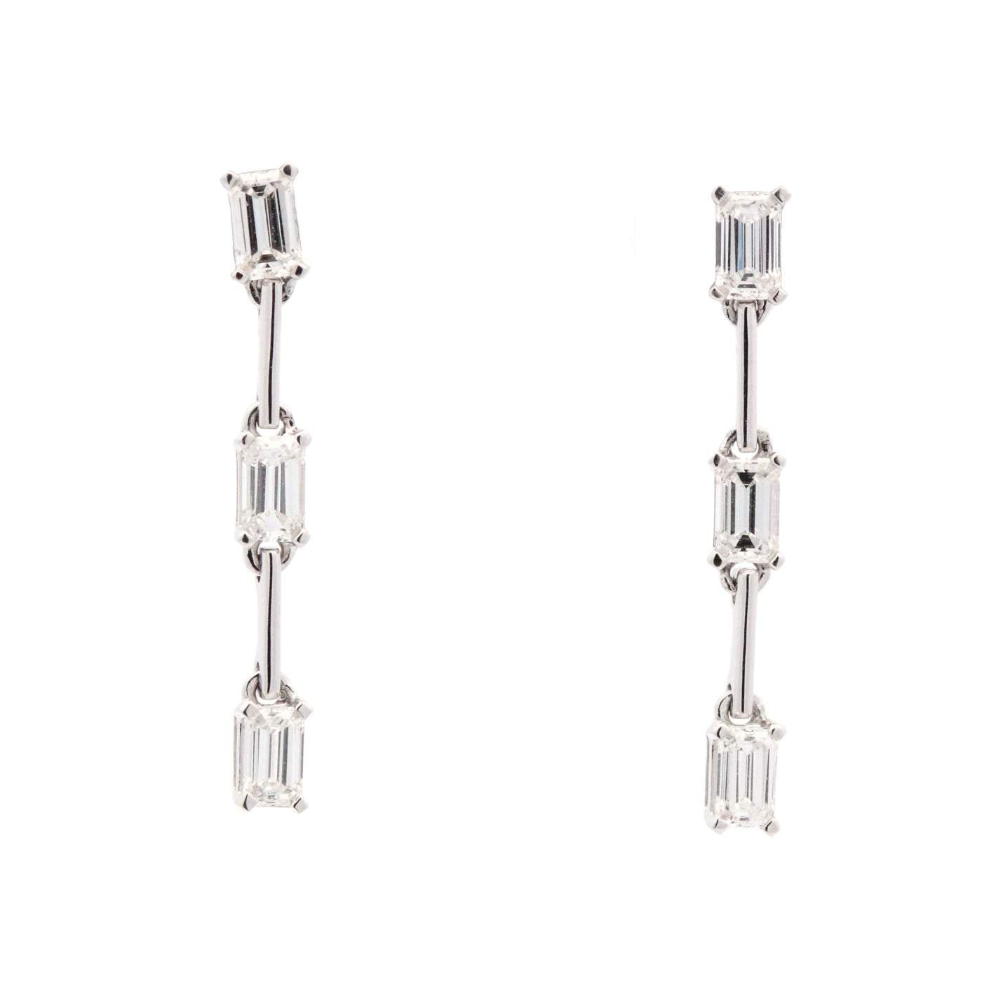 Modern 18K White Gold Three Emerald Cut ~0.72Ctw Diamond Stick Drop Earrings