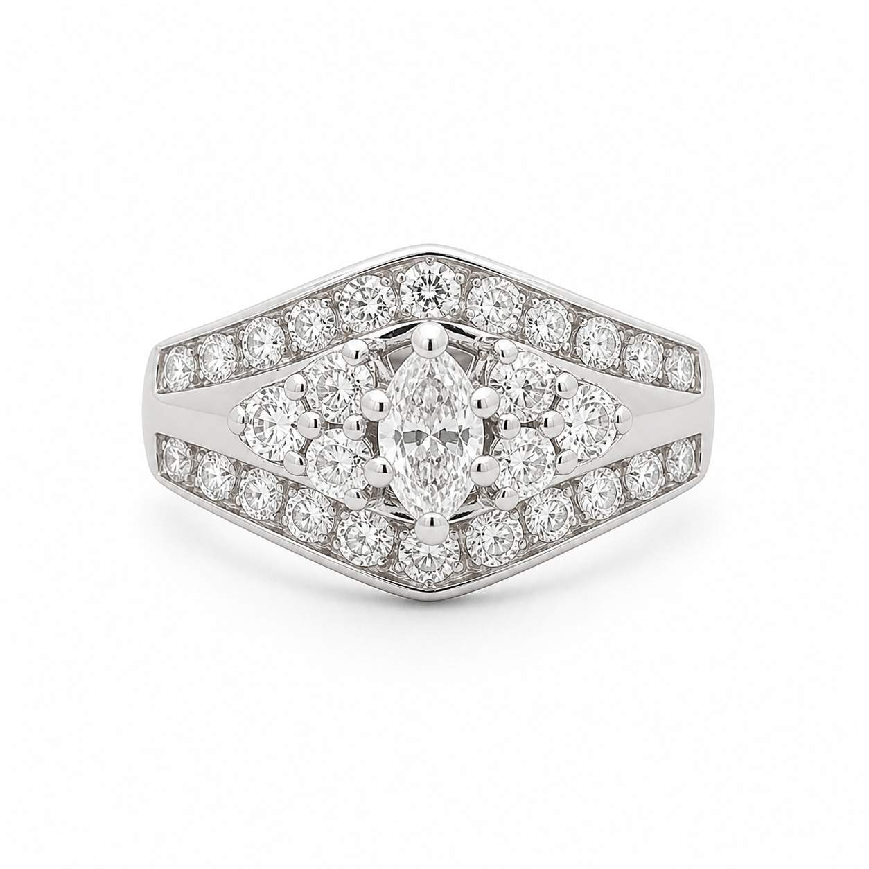 14K White Gold Marquise Diamond ~0.50 Ctw  And Round ~1.60ctw Diamond  Wedding Ring