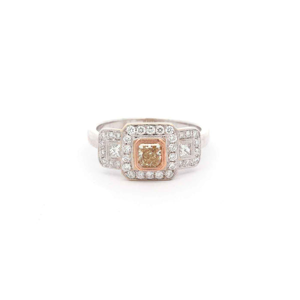 18kt White Gold Fancy Yellow Diamond Three-Stone Halo Ring