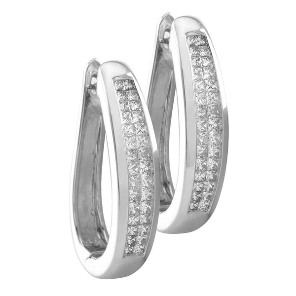 14K White Gold 2 Row Invisible Set Princess Cut~1.80 Ctw Diamond Lever Back Earrings