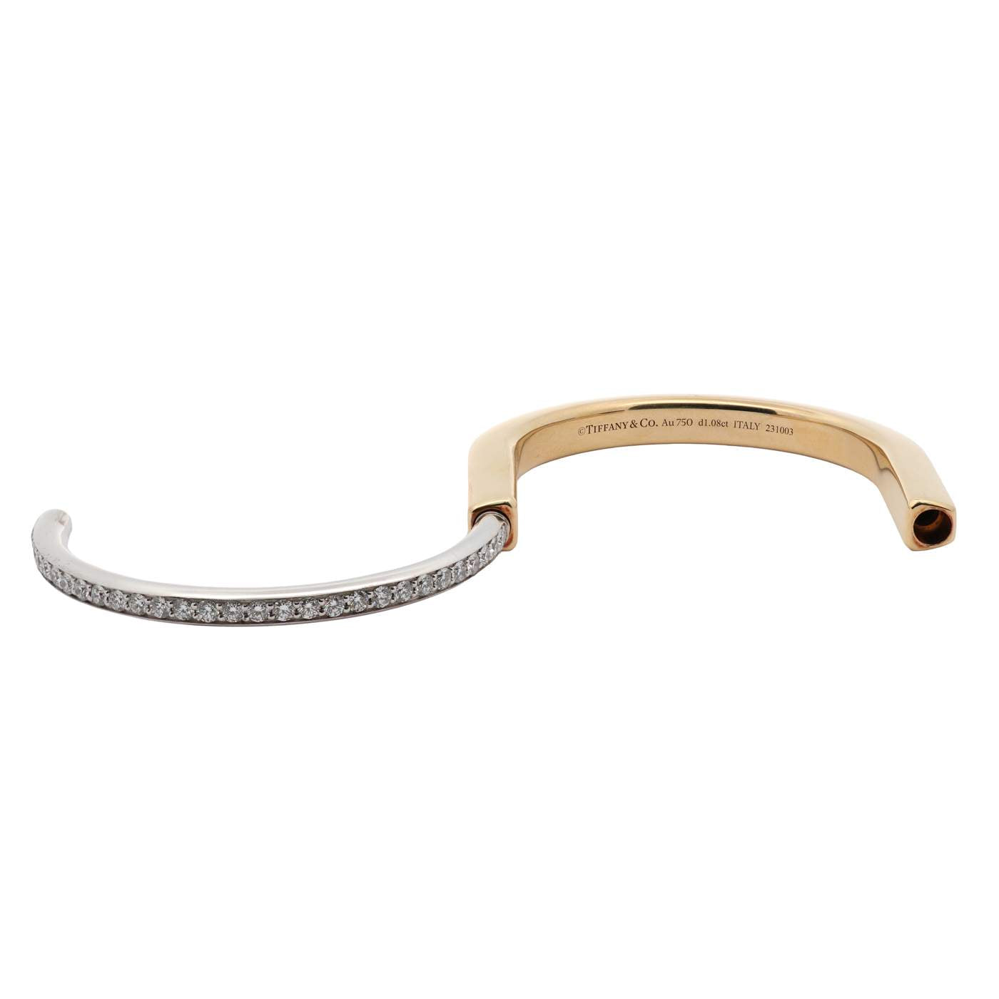 Estate 18 K Yellow And White Tiffany And Company Lock ~1.08ctw  Diamond Bangle (Small Size 15), Box And Booklet