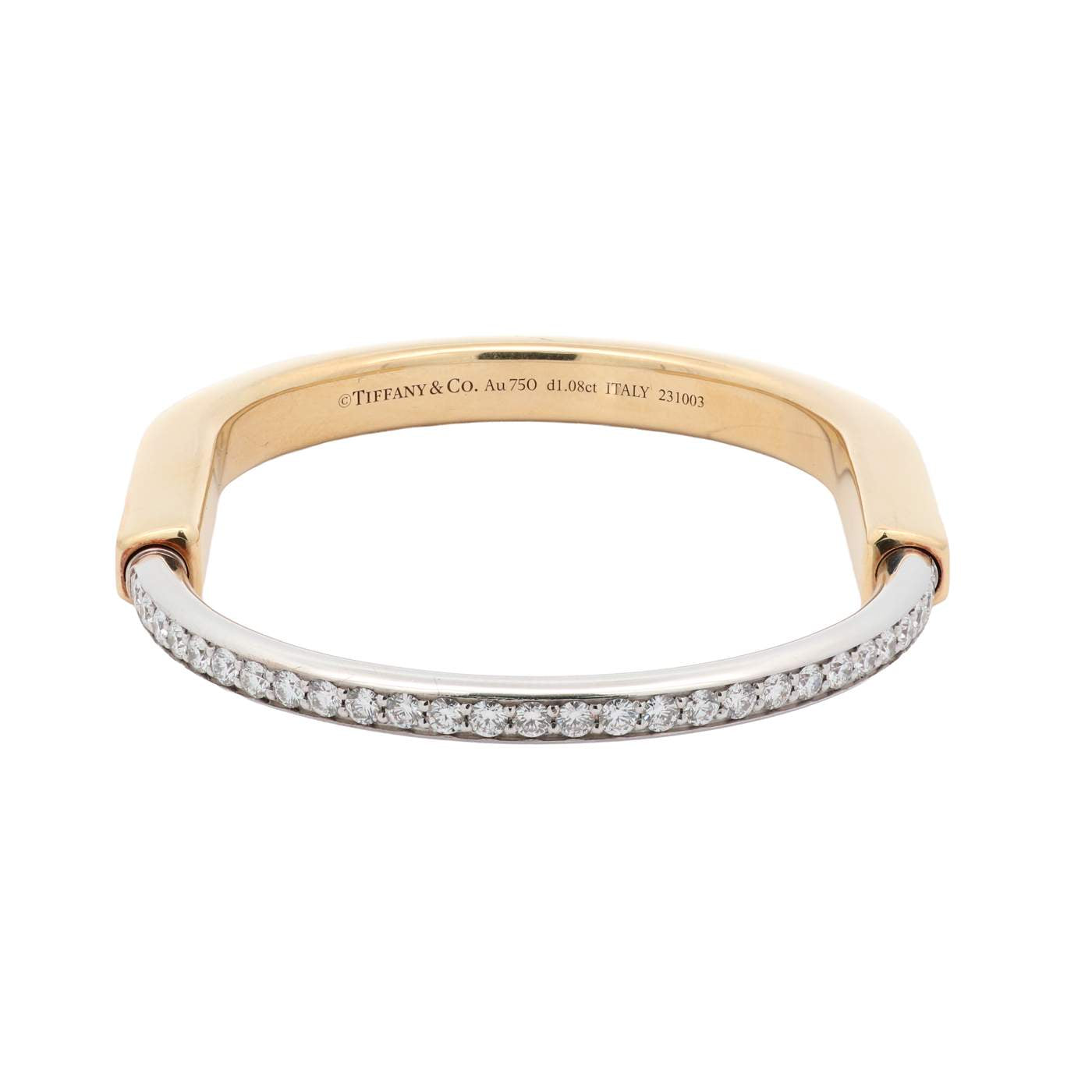 Estate 18 K Yellow And White Tiffany And Company Lock ~1.08ctw  Diamond Bangle (Small Size 15), Box And Booklet