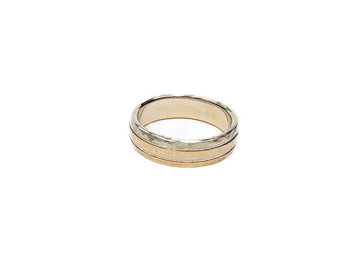 14K White And Yellow Gold Satin And Hammered Finish 6mm Band, Size 10