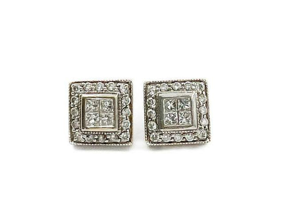 14K White Gold Four Princess Quad Center With Round ~0.75ctw Diamond Halo Milgrain Border, Square Shaped Stud Earrings
