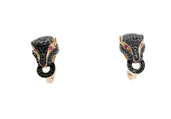 Guaiyar 14kt Rose Gold Black Diamond and Ruby Panther Earrings