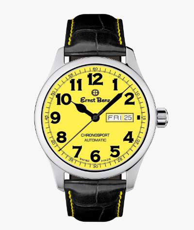 Ernst Benz 40mm Chronosport Traditional  Yellow Dial Black Numerals Brushed Stainless Steel Exhibition Back With Sapphire Glass.  MODEL:GC20219