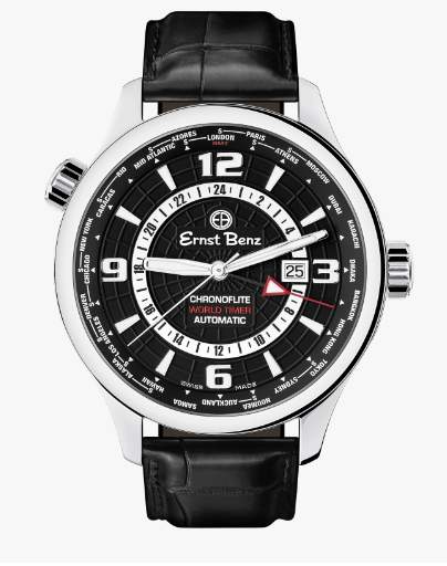 Ernst Benz Watch 47mm Chonoflight World Timer Black Dial White Numerals Polished Stainless Steel Exhibition Back Sapphire Glass.  Model : GC10851 PARIS