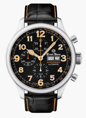 Ernst Benz Watch Chronoscope Model:#GC10116 Black Dial And Sub Dials Orange Numerals Brushed Stainless Steel Case, Exhibition Back Sapphire Glass