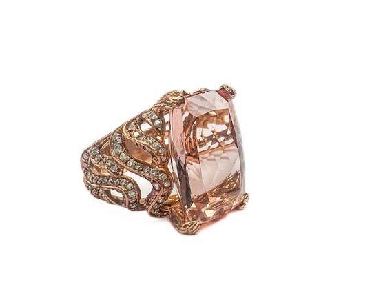 14K Rose Gold Morganite, Diamond And Pink Sapphire Bark Finish, Fashion Ring 96D= ~1.00 CTW 46 S= ~0.50 CTW