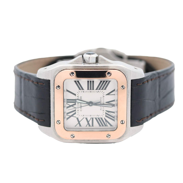 18K Rose Gold  & Steel Cartier Santos 100 Automatic on Leather, Deployant Steel Gold Buckle Provident Jewelery