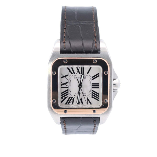 18K Rose Gold  & Steel Cartier Santos 100 Automatic on Leather, Deployant Steel Gold Buckle Provident Jewelery