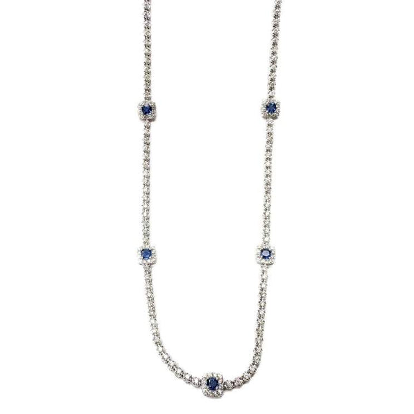 14K Diamond and Sapphires Halo Station Necklace