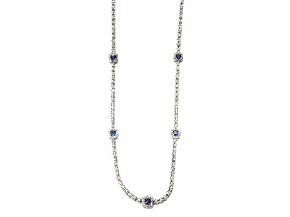 14kt White Gold 3.10ct Diamond and 1.40ct Sapphire Halo Station Necklace