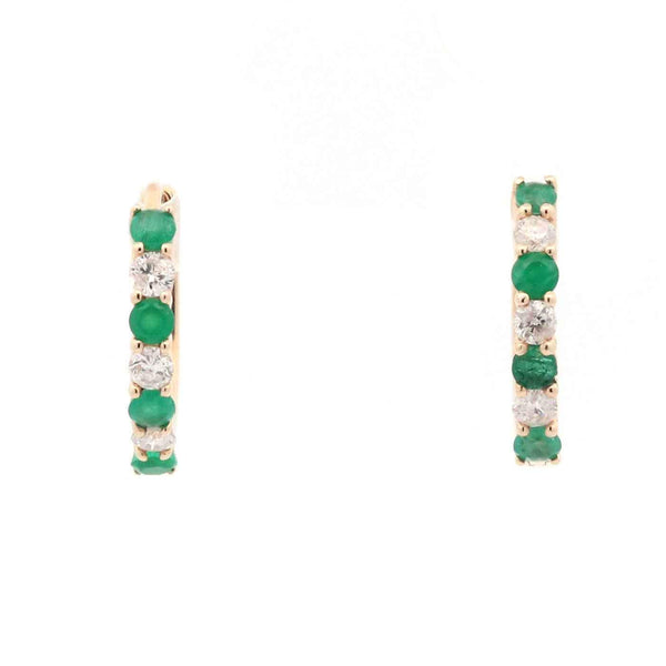 14K Yellow Gold ~0.25 Ctw Diamond And ~0.30 Ctw Emerald Small Hoop Earrings