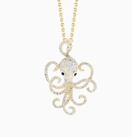 Roberto Coin 18K Yellow Gold Tiny Treasures ~0.55 Ctw Diamond Octopus Pendant With ~.04Ctw Sapphire Eyes