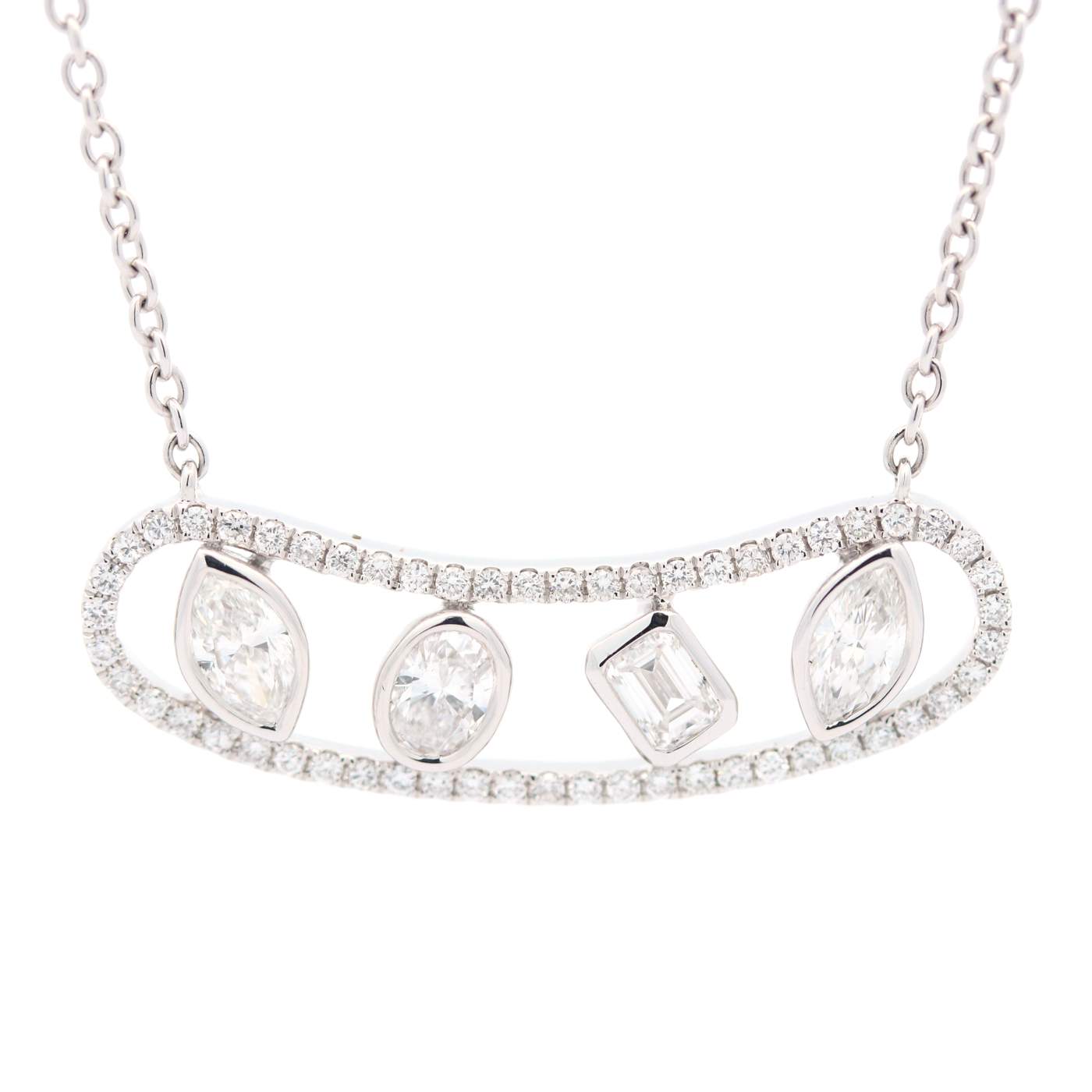 18kt White Gold Fancy-Cut Diamond Curved Bar Necklace
