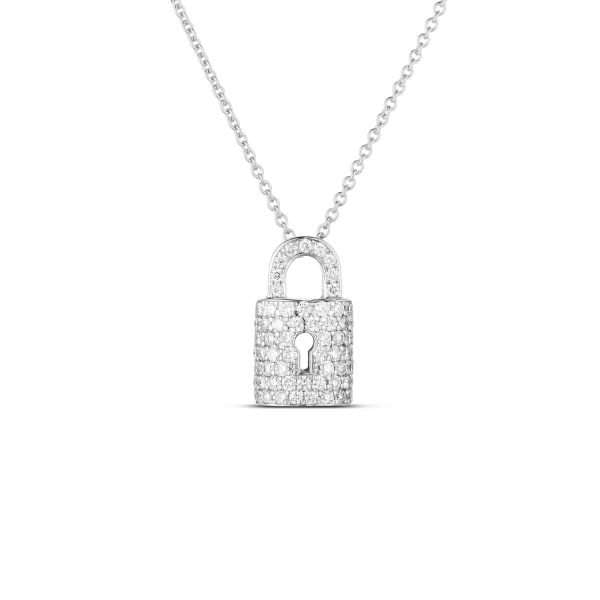 Roberto Coin Tiny Treasures 18kt White Gold Diamond Lock Necklace