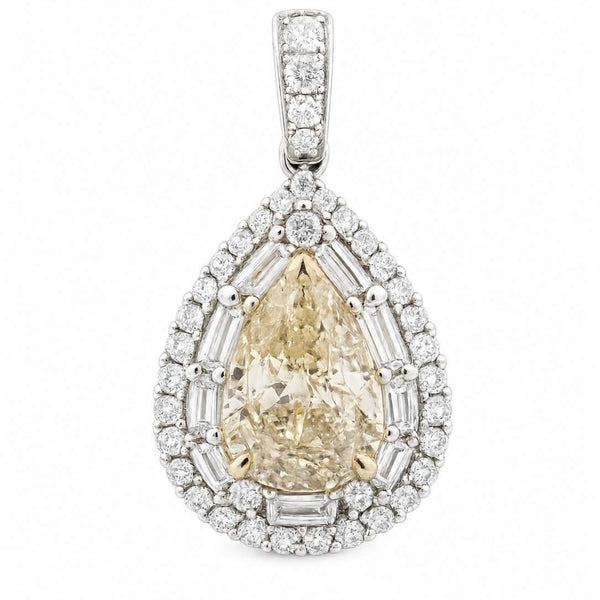 18K Yellow Pear Shaped Diamond Set In A Diamond Halo Pendant