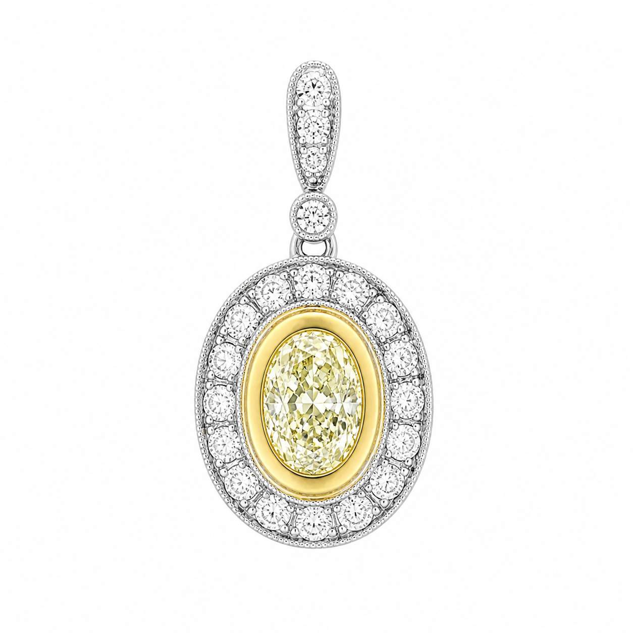 14kt Two-Tone Gold 1.07ct Fancy Light Yellow Oval Diamond Halo Pendant
