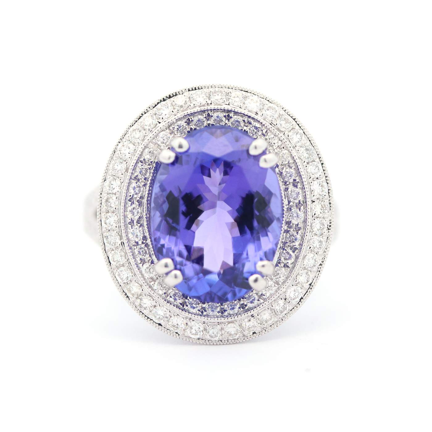 18kt White Gold 6.05ct Oval Tanzanite and Diamond Double Halo Ring