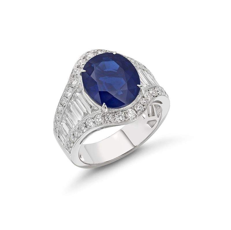 18K White Gold GIA Certified Oval 5.67ct Sapphire And ~2.64Ctw Diamond Ring Provident Jewelery