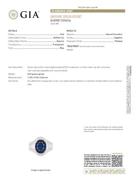 18K White Gold GIA Certified Oval 5.67ct Sapphire And ~2.64Ctw Diamond Ring Provident Jewelery