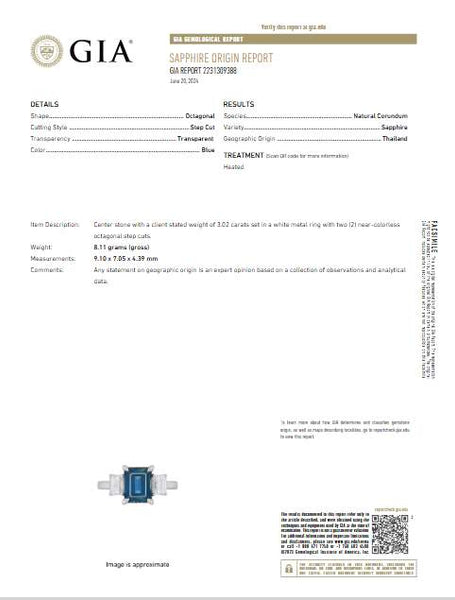 Beautiful Platinum Gia Certified Emerald Cut ~3.02Ctw Sapphire with Two Emerald Cut  ~1.01Ctw Diamonds