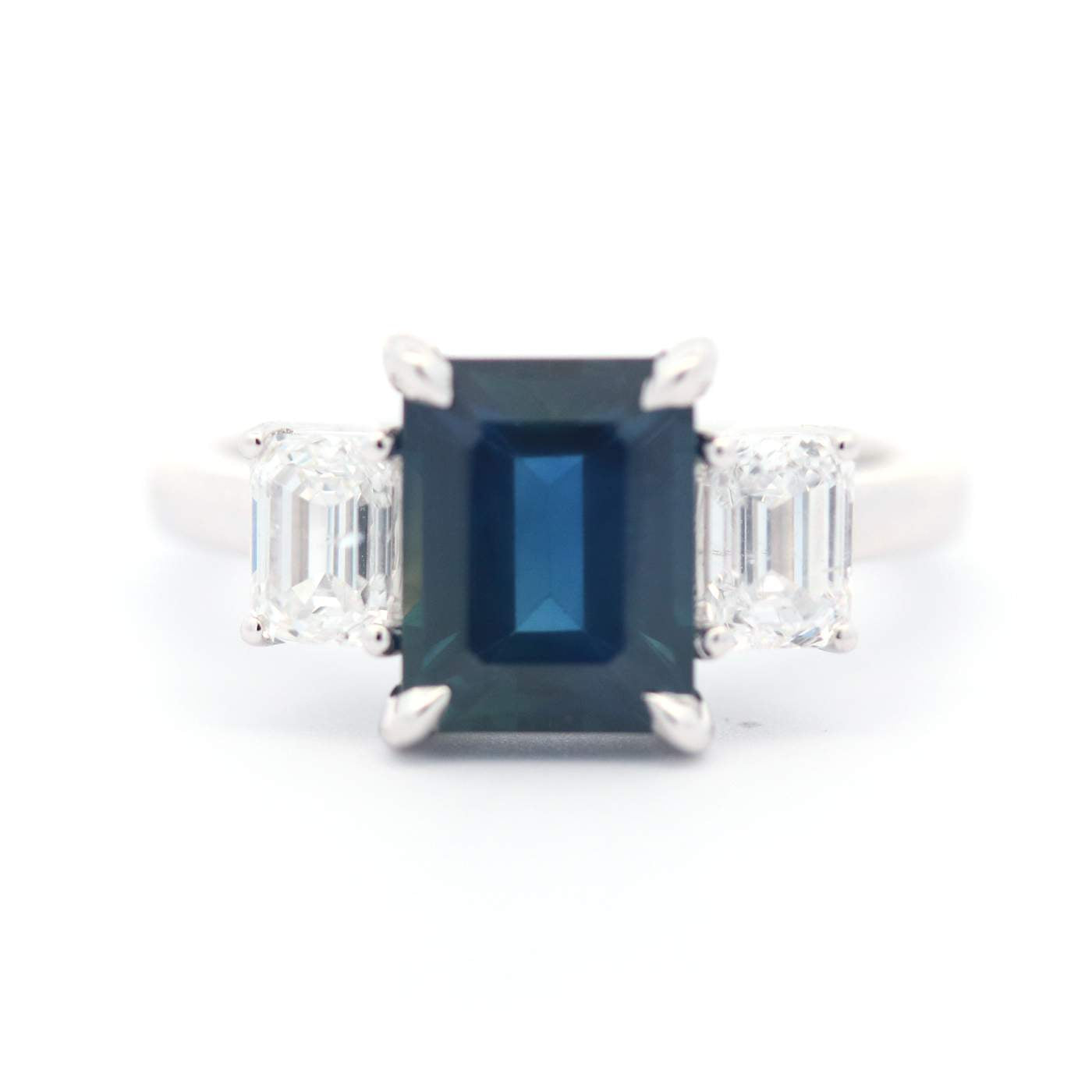 Platinum 3.02ct Emerald-Cut Sapphire and Diamond Three-Stone Ring