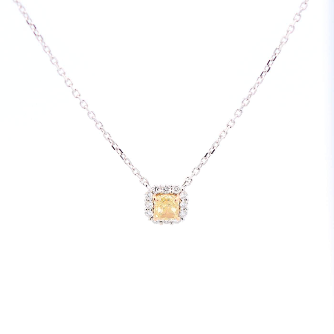 18kt Two-Tone Gold 0.55ct Princess-Cut Yellow Diamond Halo Necklace