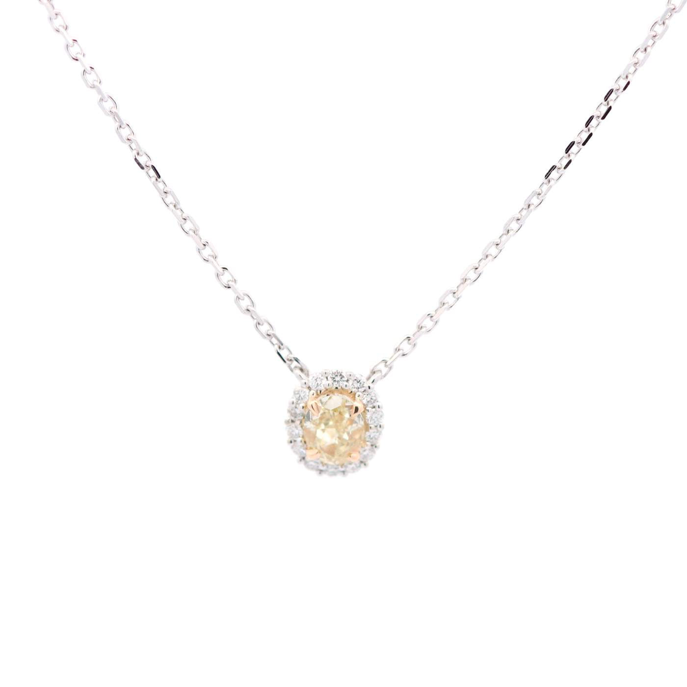 18kt Two-Tone Gold 0.45ct Oval Yellow Diamond Halo Necklace