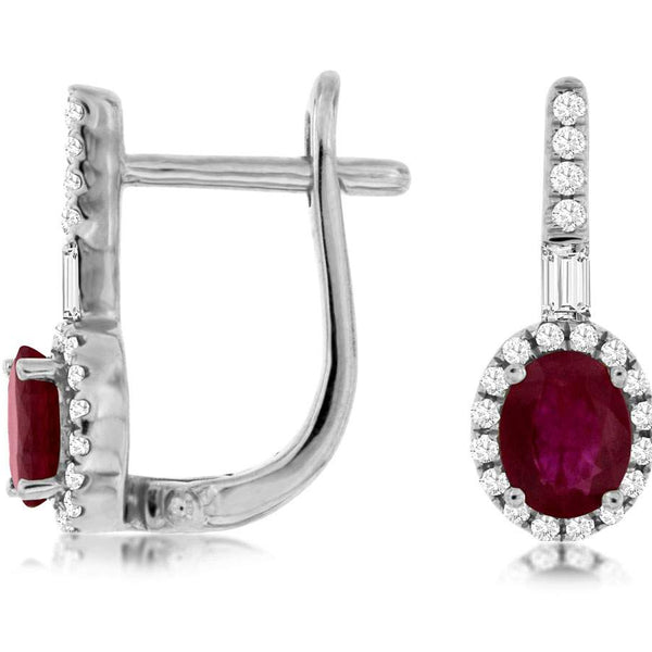 14kt White Gold Oval Ruby and Diamond Halo Drop Earrings