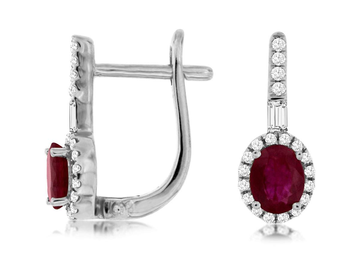 14kt White Gold Oval Ruby and Diamond Halo Drop Earrings