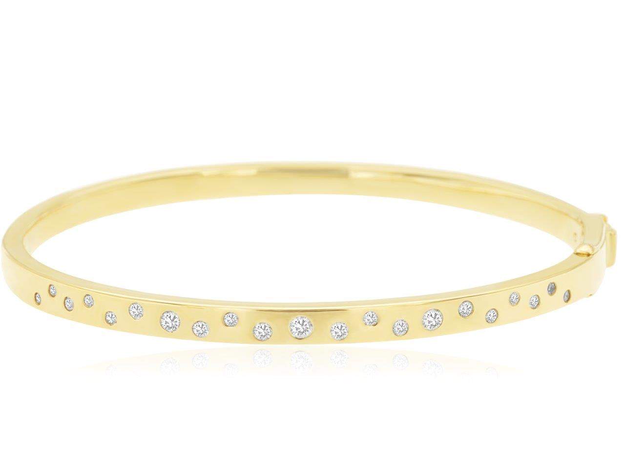 14K Yellow Gold ~0.38 Ctw Diamond Bangle Bracelet With Gypsy Set Round , Folding Safety Clasp. Provident Jewelery