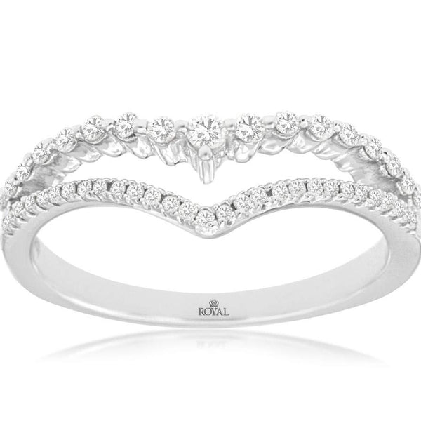 14K White Gold Double Row Chevron, One Row Shared Prongs, Band 46 Diamond= ~0.25ctw