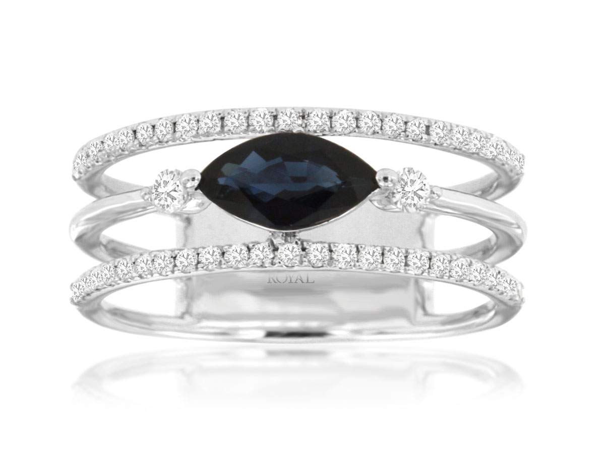 14K White Gold Three Row Marquise Blue ~.73 Ctw Sapphire And ~.26  Diamond Ring