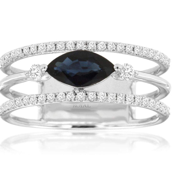 14K White Gold Three Row Marquise Blue ~.73 Ctw Sapphire And ~.26  Diamond Ring