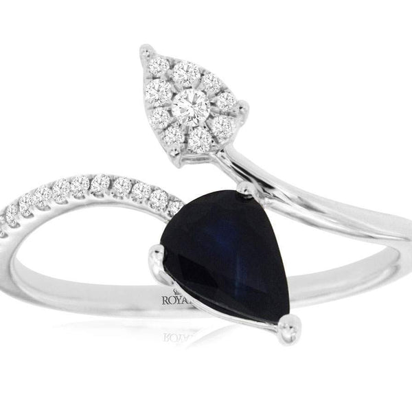 14K  WG 3 Prong .88 Ctw Pear Shaped Blue Sapphire And Bypass To Round Diamond Pear Shaped Pave Disk And Round Diamonds On One Side of Band, Diamond=~.12 Ctw Provident Jewelery