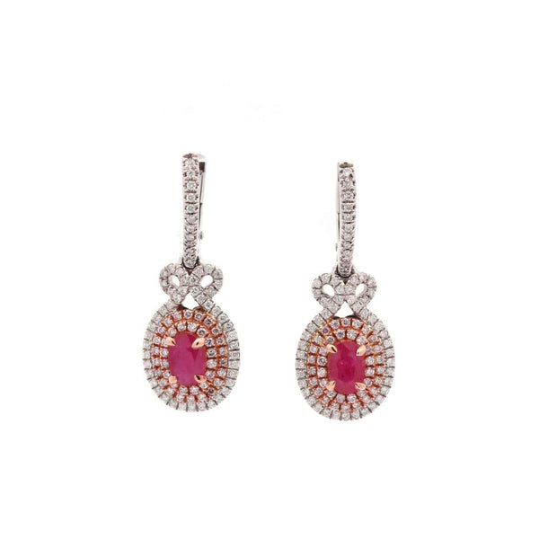 14kt White and Rose Gold Ruby, Pink Diamond and Diamond Dangle Earrings
