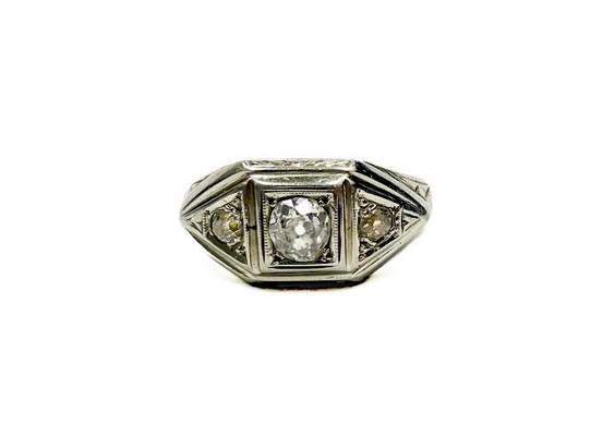 18K White Gold Three Stone Old Mine Cut Diamond Vintage Ring 3 Diamond= ~.75ctw Circa 1929 Engraved