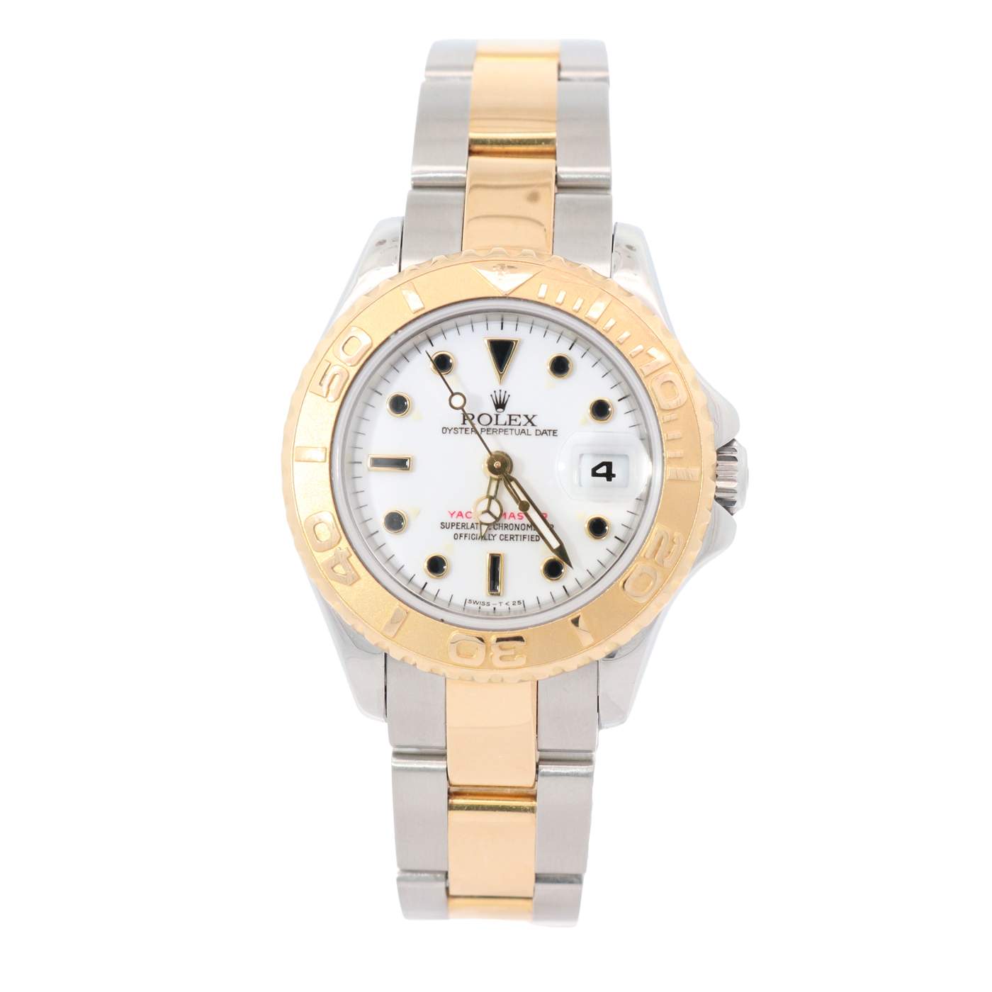 Circa 1997 Pre-Owned Rolex Ladies Yachtmaster 18k and Steel, Oyster Bracelet, White Dial, Black Markers with Gold Trim Circa 1997