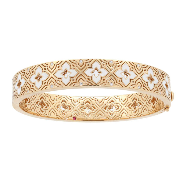 Roberto Coin  18K Yellow Gold Venetian Princess Etched Frame ~0.10ctw Diamond And White Enamel Bangle Bracelet, 48mm X 58mm