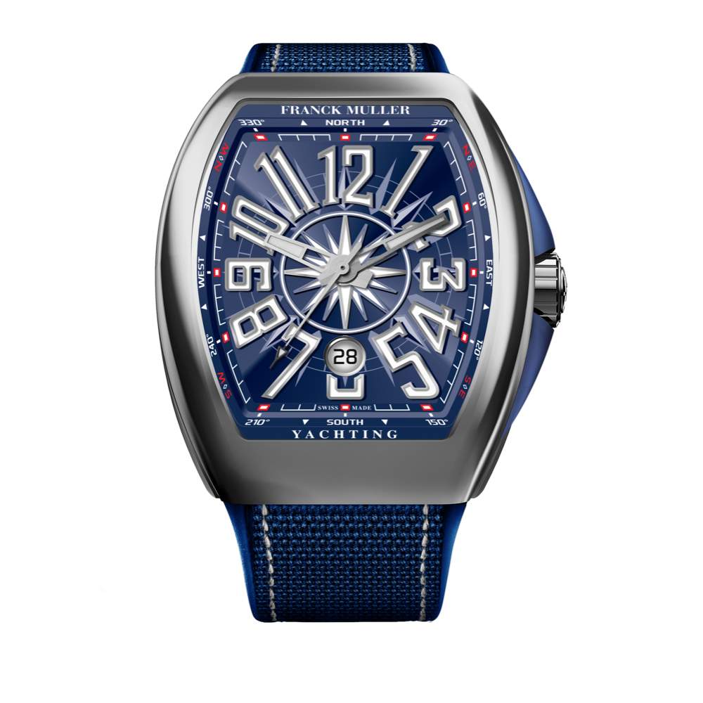Franck Muller Watch, Vanguard Yachting 43mm Stainless Steel Case With Blue Inserts On Both Sides Of The Case Burgundy Dial And White Numerals On A Burgundy Hand Sewn Alligator Rubber Strap Stainless Steel Buckle