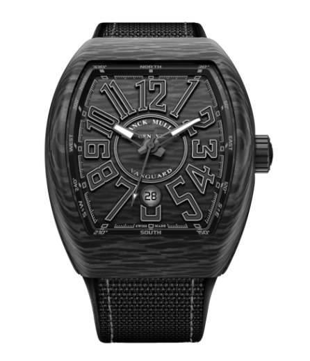Franck Muller Watch Vanguard 44mm lack Forged Carbon And Black Dial And Numerals On A Nylon Strap Stainless steel folding buckle with black PVD coating Black PVD coating
