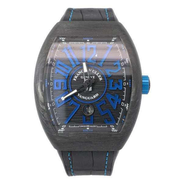 Franck Muller Watch Vanguard 44mm Black Forged Carbon And Black Dial And Blue Numerals On A Black Alligator/Rubber Strap Stainless steel folding buckle with black PVD coating Black PVD coating Provident Jewelery