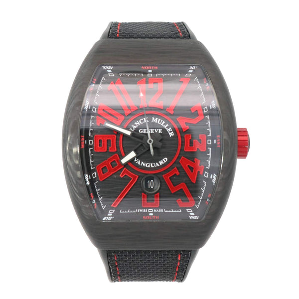 Franck Muller Watch Vanguard 44mm Black Forged Carbon And Black Dial And Red Numerals On A Black Nylon Strap Stainless steel folding buckle with black PVD coating Black PVD coating