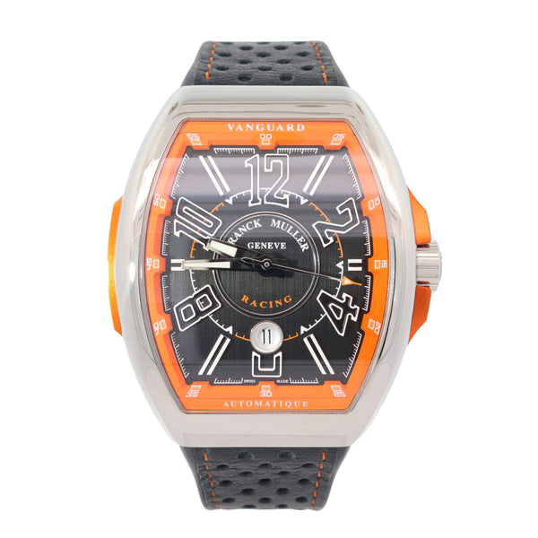 Franck Muller Watch 45mm Vanguard Racing Date Stainless Steel Case Orange Insert White Dial And White Numerals On Black Hand Sewn Multi-perforated  Leather Strap Provident Jewelery