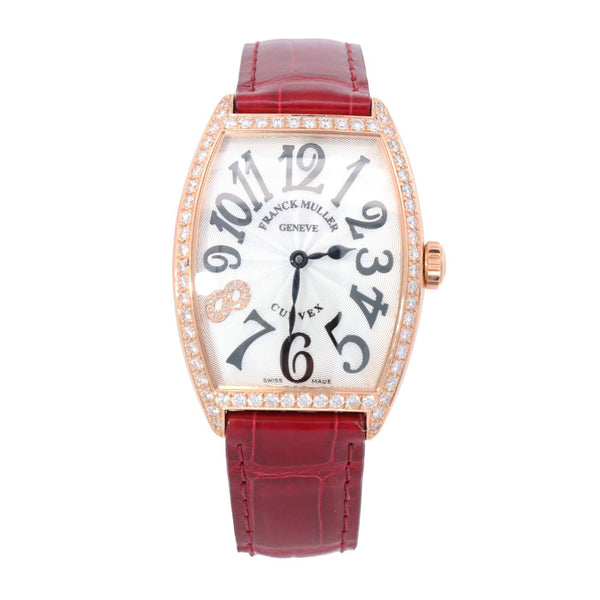 Franck Muller Watch Curvex 1 Row Of 874 Round Diamond= ~1.31 Ctw Quartz Movement 18K Yellow Gold Case And A White Dial, Black Numerals Gold 8 With Diamond On A Glossy Burgundy Hand Sewn Alligator Strap Gold Buckle Provident Jewelery