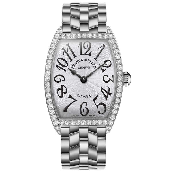 Franck Muller Watch Curvex Quartz Movement Stainless Steel Case 1 Row Of 68 Round Diamond= ~1.35 Ctw White Stamped Guilloché With Sun Pattern Black Numerals On A Stainless Steel Bracelet
