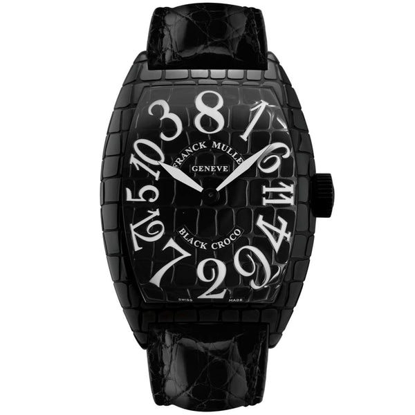 Franck Muller Watch Automatic Black Croco Crazy Hours Stainless Steel 40mm All Black With White Numerals On A Glossy Black Hand Sewn Alligator Strap w/BC Stainless steel buckle