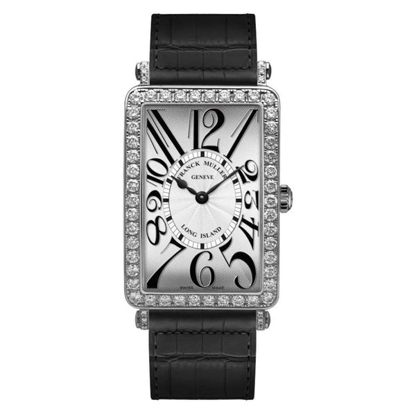 Franck Muller Watch Quartz Long Island 25.95mm Stainless Steel Case With 1 Row Of 76 Round Diamond= ~1.52 Ctw, Sliver Dial On A Matt Black Hand sewn Alligator Strap